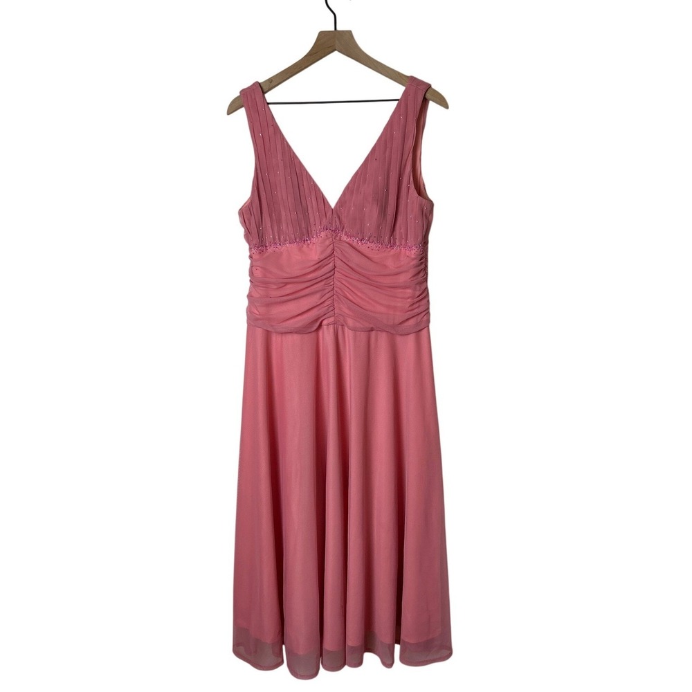 David's Bridal Womens Ruched Beaded Mesh Midi Formal Dress Size 16 Pink Formal